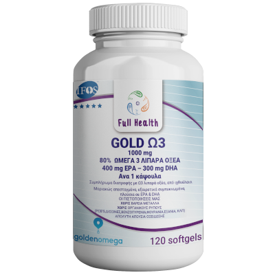 FULL HEALTH GOLD OMEGA 3 1000 mg 120 Softgels (Συμπλήρωμα διατροφής με Ω3 λιπαρά οξέα, από ιχθυέλαιο. Μοριακώς απεσταγμένα, εξαιρετικά συμπυκνωμένα πλούσια σε EPA & DHA)