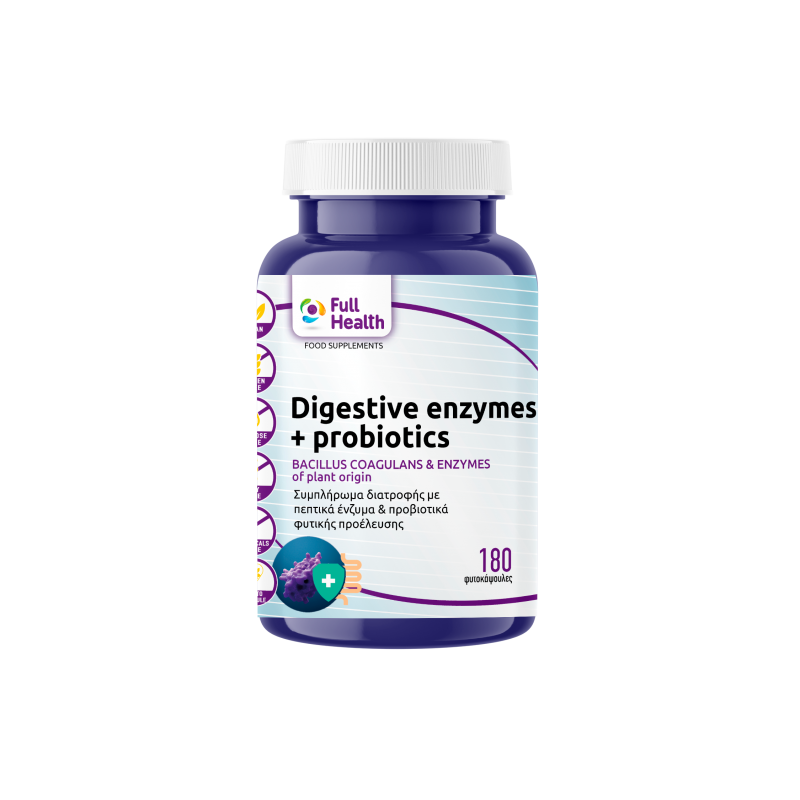 FULL HEALTH DIGESTIVE ENZYMES PLUS PROBIOTICS 180 VCAPS (Συμπλήρωμα διατροφής με φυτικής προέλευσης πεπτικά ένζυμα και προβιοτικά, για την υποστήριξη της πέψης και την αποκατάσταση της υγιούς εντερικής χλωρίδας)