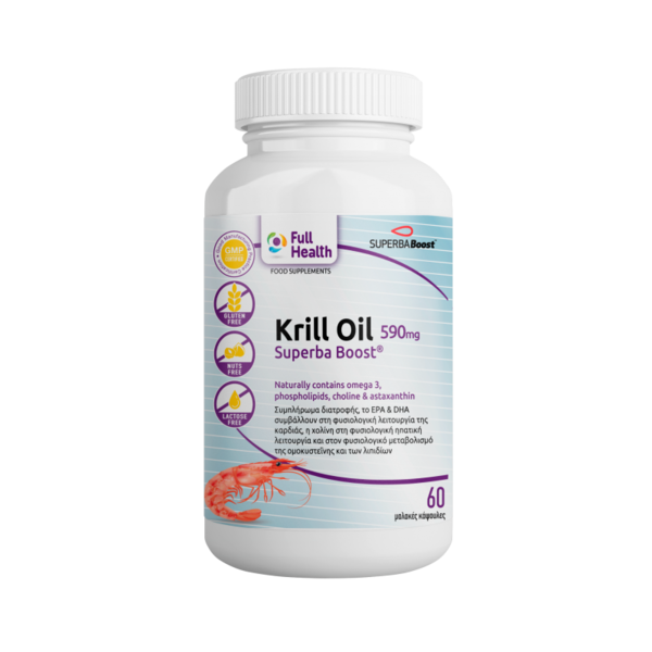 FULL HEALTH KRILL OIL SUPERBA BOOST 590 mg 60 Softgels (Συμπλήρωμα διατροφής με πατενταρισμένο και κλινικά μελετημένο έλαιο κριλ που περιέχει φυσικά ωμέγα 3 λιπαρά οξέα, φωσφολιπίδια, χολίνη και ασταξανθίνη)