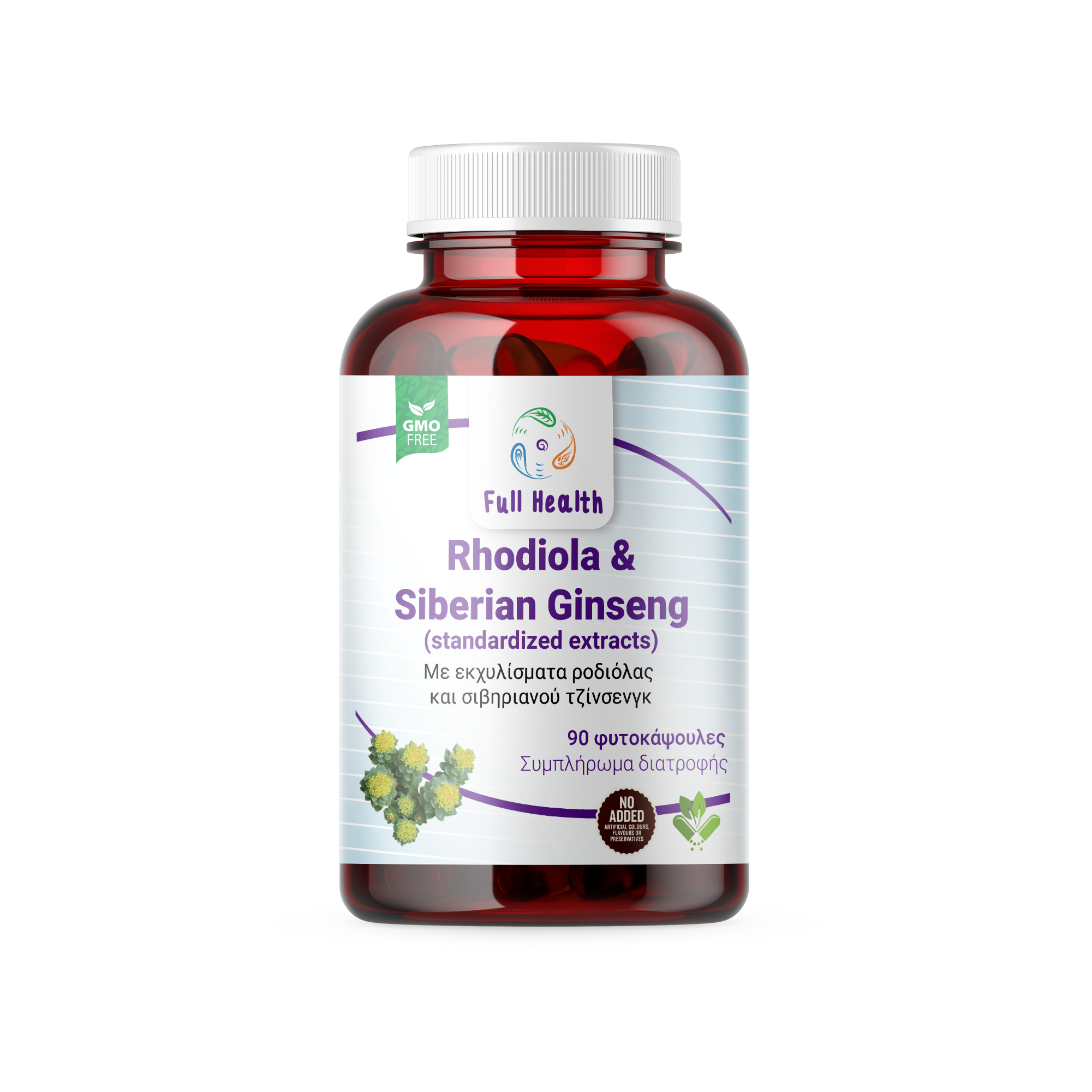 Full Health Rhodiola & Siberian Ginseng 90 caps    (Συμπλήρωμα διατροφής με φυτικά σταθεροποιημένα εχχυλίσματα ροντιόλας και σιβηριανού τζίνσενγκ)